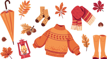 Autumn Cozy Elements Set Flat Vector. Sweater, Scarf, Rubber Boots, Umbrella, Kerosene Lamp. Warm Essentials for Stickers, Logos, Card Design, Posters. Seasonal Branding, Fall Decor, Rustic Style.