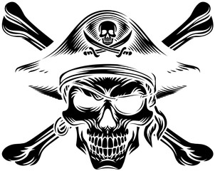 Obraz premium Pirate skull crossbones wearing a tricorn captain hat with crossing bones. In a vintage retro woodcut style.