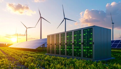 Renewable energy data center with wind turbines with solar panels, and and sunset.