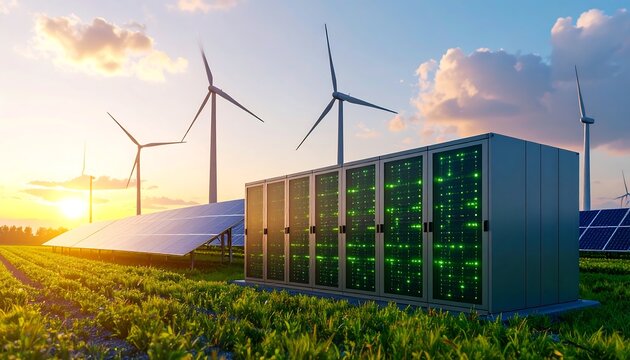 Renewable energy data center with wind turbines with solar panels, and and sunset.