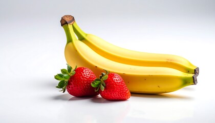 Ripe bananas and fresh strawberries on white background with healthy food, and studio shot.