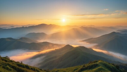 Fototapeta premium Sunrise over mountain range with mist and valleys, scenic landscape, natural beauty, tranquility, and atmospheric perspective.