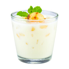 Yogurt drink with fruit and mint in glass