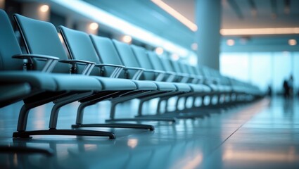 Empty airport waiting area with row of seats. Travel, transportation, and waiting concept. Public space and comfort. The concept of airport seating and transit areas