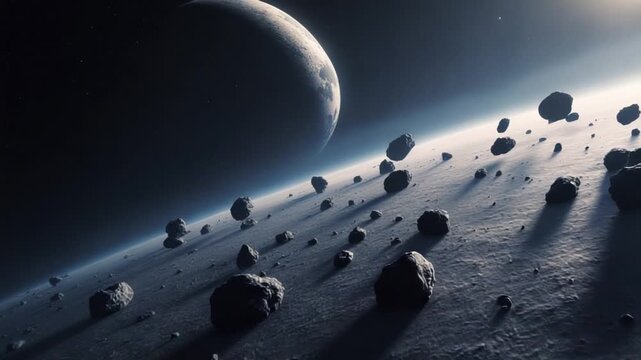 a large cluster of asteroids near an unknown planet, vertical