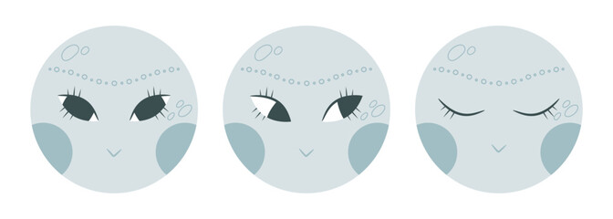 Hand drawn boho moon characters with human face. Cartoon moon set. Vector illustration