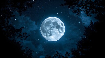 Fototapeta premium Bright full moon glowing in the night sky surrounded by stars and framed by dark silhouettes of trees, creating a mystical and atmospheric celestial landscape perfect for background or wallpaper.