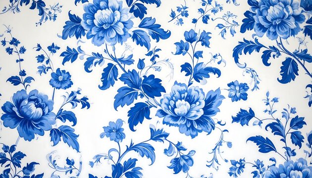 Fototapeta Blue floral pattern on white background  repeating design of stylized blossoms and leaves