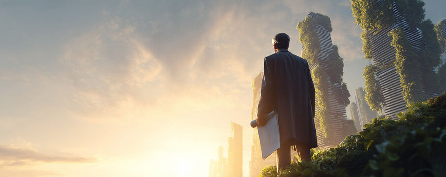Visionary architect overlooking futuristic green city skyline at sunset. Sustainable urbanism, ecofriendly architecture,  harmonious nature. Hopeful future concept.