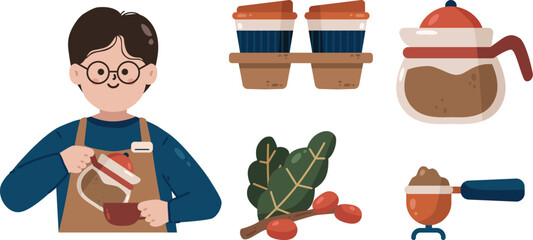 Collection Coffee Illustration Element Barista, Coffee Pot, Portafilter