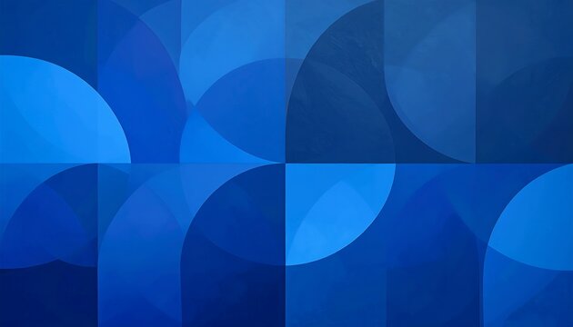 Abstract geometric pattern of overlapping circles and squares in shades of blue