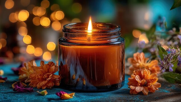 Amber candle in a jar, surrounded by flowers and bokeh