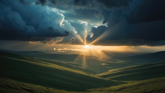 Sunset over rolling green hills with dramatic clouds and beams of light breaking through. Nature scene with vibrant landscape and atmospheric sky.