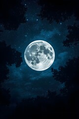 Naklejka premium Bright full moon glowing in the night sky surrounded by stars and framed by dark silhouettes of trees, creating a mystical and atmospheric celestial landscape perfect for background or wallpaper.