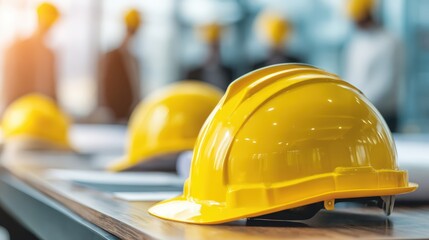 Row of Yellow Safety Helmets on Table in Industrial or Construction Workplace Setting