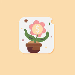 Money flower growing in pot flat illustration
