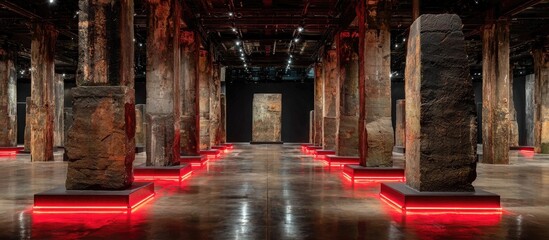 Ancient stone pillars in a museum exhibit. Red LED lighting