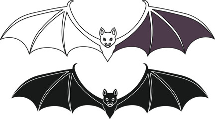 Illustration of a bat in three styles outline, color, and silhouette Halloween theme