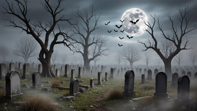 Foggy graveyard at night with leafless trees, flying bats and full moon creating a dark and spooky Halloween atmosphere