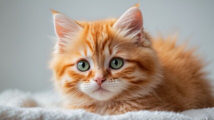 Obraz premium A fluffy orange kitten with green eyes resting on a soft surface.