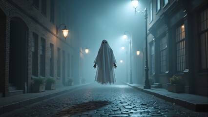 A playful ghost floats on a misty cobblestone street with soft lighting. For Halloween festival use.