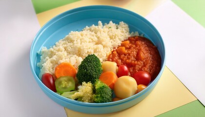 Lunch dish for kindergarten child featuring vegetables and grains on a divided plate