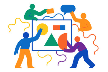 Collaborative teamwork in a creative workshop with colorful shapes