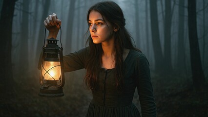 Obraz premium Lost in a mysterious foggy forest, a young woman relies on the warm glow of her kerosene lantern, creating a captivating scene of adventure and solitude