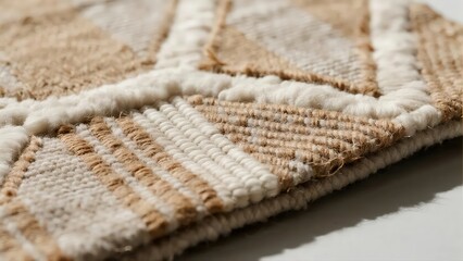Close-up of Beige and White Textured Geometric Pattern Rug with Wool Accents