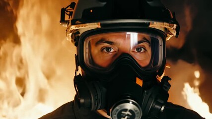 Firefighter in a protective mask and helmet during his work. A raging flame behind him. Firefighter in gear battles intense fire with courage and determination. - Powered by Adobe