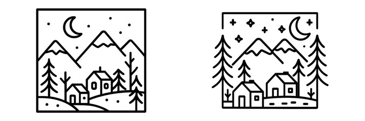 Fototapeta premium Mountain landscape illustration featuring houses and stars at night