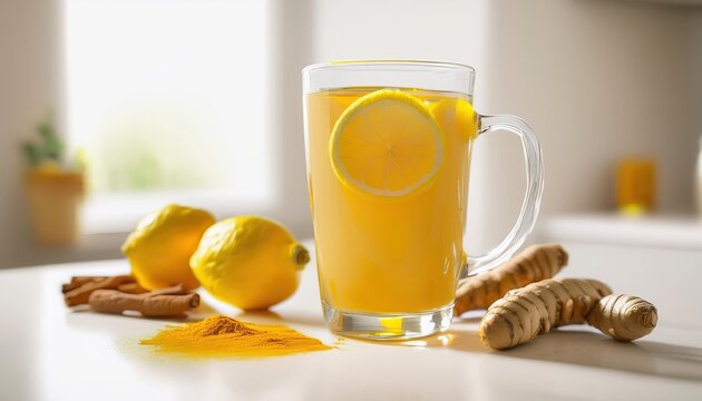 Hot water with turmeric and lemon juice served in a clear glass, surrounded by fresh lemons and turmeric roots in a bright kitchen setting during the day