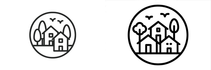 Stylized vector illustration of houses with trees and birds