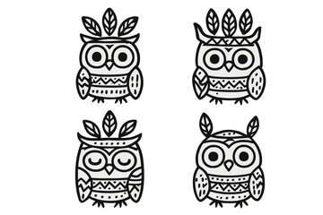 Fototapeta premium Tribal art: set of 4 unique owl illustrations