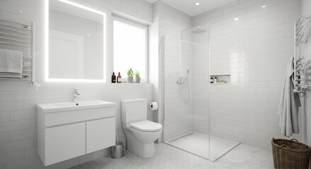 Bright and Spacious Modern Bathroom Featuring a Stylish Vanity, Toilet, Walk-in Shower, and Illuminated Mirror