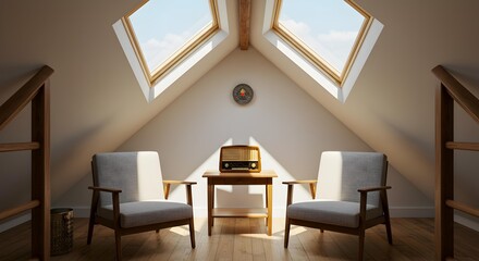 Bright Attic Living Space with Twin Skylight Windows, Two Armchairs, and a Classic Vintage Radio on a Wooden Table