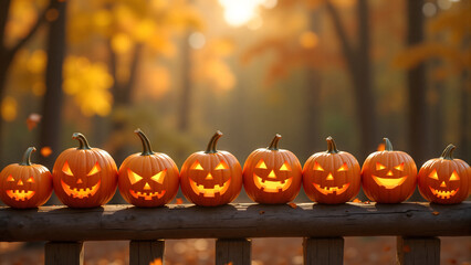 Row of carved pumpkins glowing warmly on a wooden fence in an autumn forest at sunset for use in the Halloween festival.