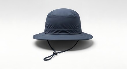 A navy blue sun hat with a chin strap is displayed against a white background.