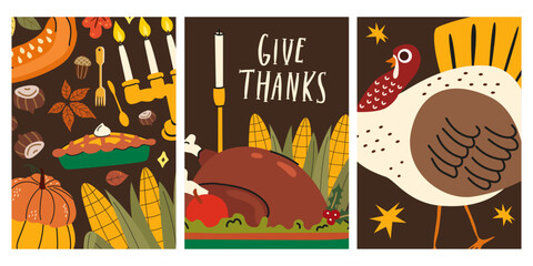 Thanksgiving festive backgrounds with cartoon turkey bird, roast turkey, pumpkin pie, candles, cutlery and autumn elements in retro groovy style. Hand drawn autumn holiday poster set