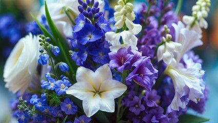 Colorful bouquet of flowers with white, purple, and blue blooms. Stems and leaves are visible, creating a vibrant floral arrangement.