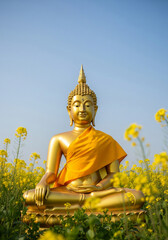 Obraz premium A large, golden Buddha statue sits in serene meditation amidst a field of vibrant yellow canola flowers under a clear blue sky.