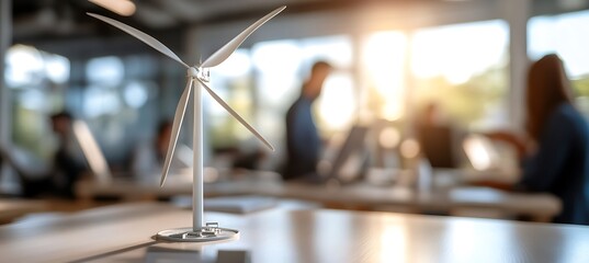 Wind turbine model on a table in an office promoting clean energy and sustainability initiatives globally