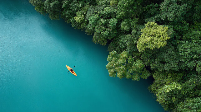 Aerial view of a lone kayaker paddling on serene turquoise waters bordered by lush green trees. A metaphor for adventure, solitude, or freedom in nature. Travel and recreation.