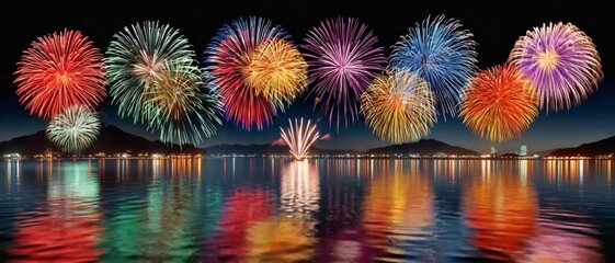Celestial Symphony: A kaleidoscope of vibrant fireworks dances across the night sky, their dazzling colors reflected in the tranquil water below, creating a stunning spectacle of light and shadow.