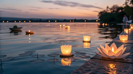 Floating lanterns and lotus flowers illuminate a tranquil lake at sunset