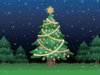 Christmas Tree Illustration with Star, Ornaments, and Snowy Forest Night