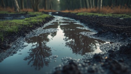 Fototapeta premium A muddy dirt road with puddles reflecting trees and sky, surrounded by a forest landscape.