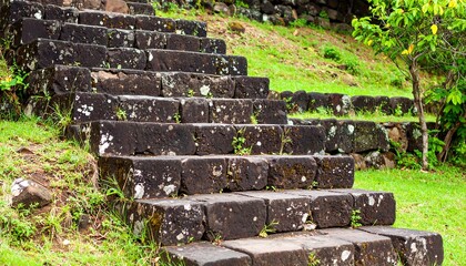 Ancient stone steps in a lush garden