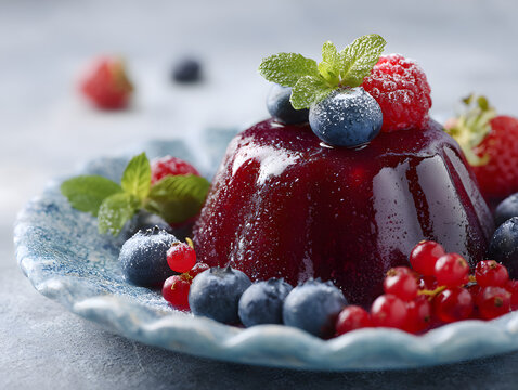 Red jelly dessert with assorted berries and mint garnish
