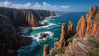 Fototapeta premium Panoramic coastal view; dramatic cliffs, turquoise ocean, and crashing waves